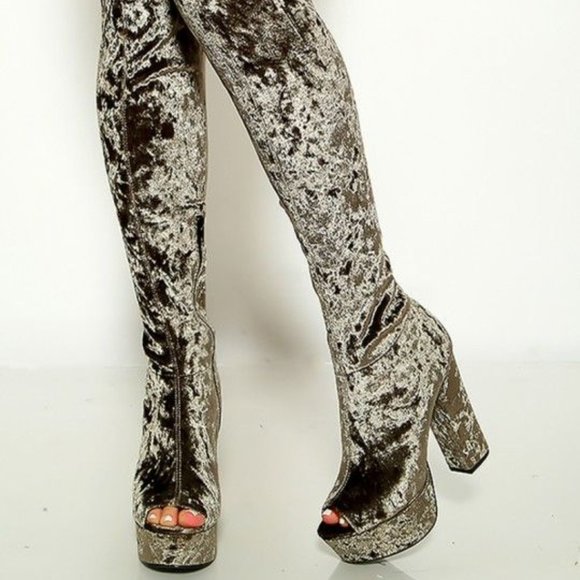 Qupid Shoes - New - Khaki Peep-Toe Velvet Thigh High Boots